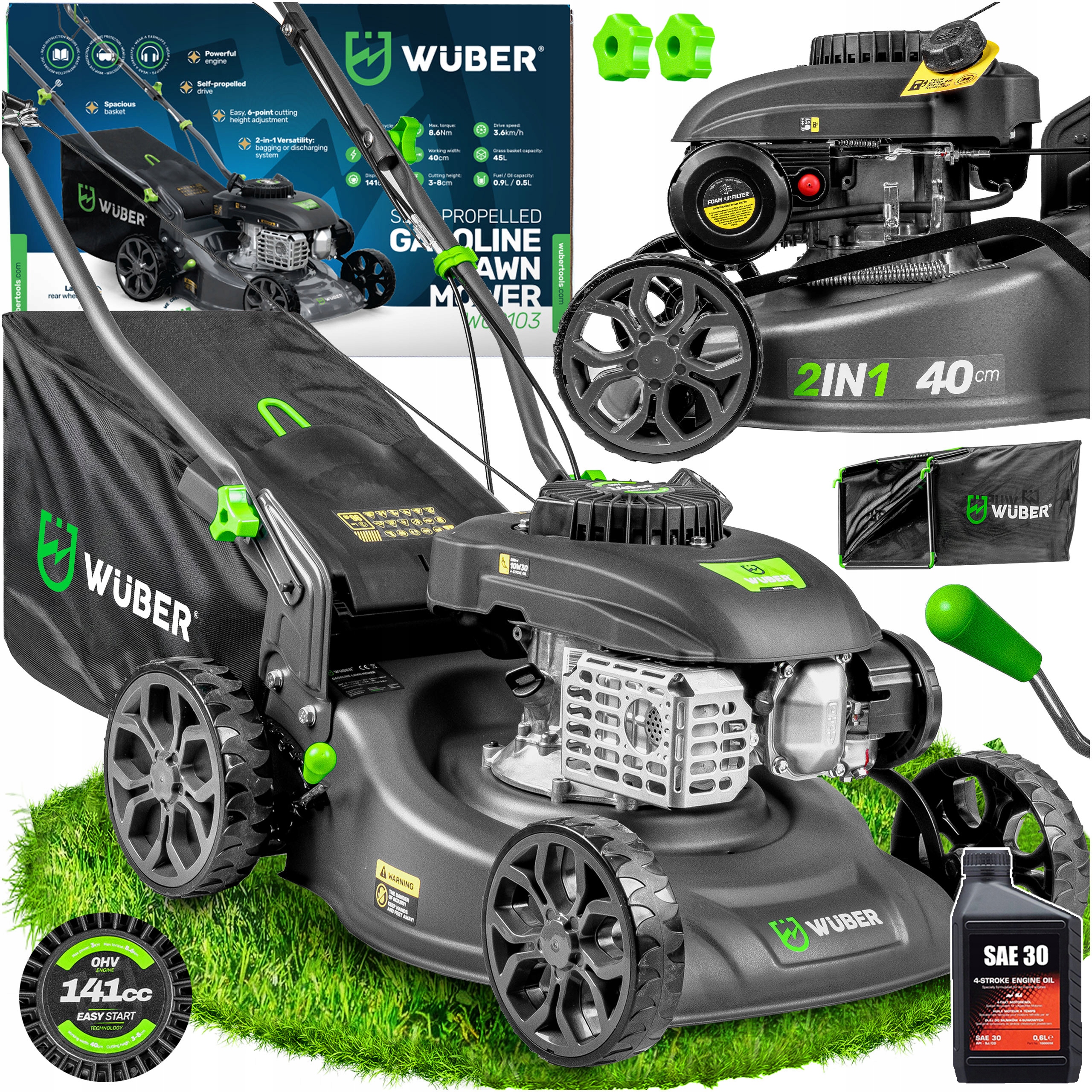 BENZÍNOVÁ KOSAČKA NA TRÁVU S VÝKONOM 3 HP, POHONNÝ ČEPEL, 40 CM KÔŠ, 45 L, NASTAVENIE VÝŠKY + OLEJ